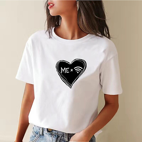 

Women's Painting T shirt Graphic Heart Print Round Neck Basic Tops Cotton White Red Blushing Pink