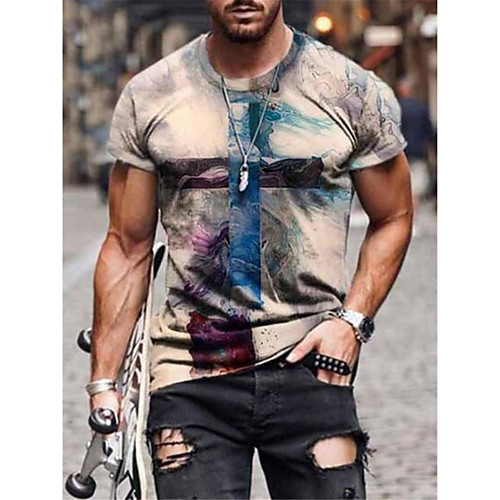 

Men's Tee T shirt 3D Print Faith Plus Size Short Sleeve Causal Tops Chic & Modern Red / Blue GrayRed Light Gray Combo