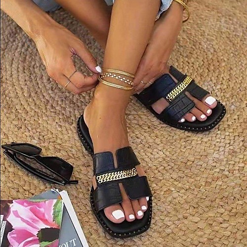 

Women's Sandals Outdoor Slippers Flat Heel Round Toe PU Color Block Black