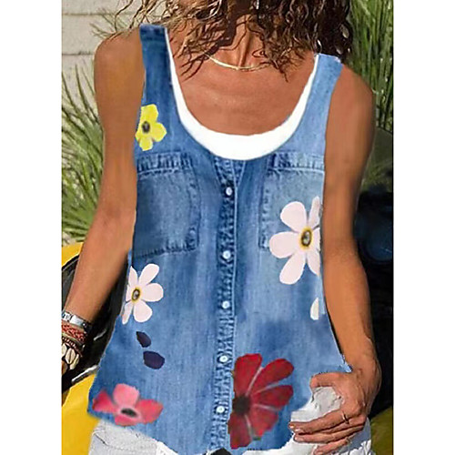 

Women's Blouse Floral Button U Neck Tops Blue