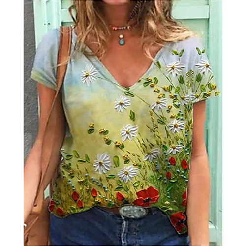 

Women's Floral Theme Painting T shirt Flower Round Neck Basic Tops Rainbow