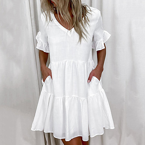 

Women's A Line Dress Knee Length Dress Blue Yellow White Short Sleeve Solid Color Classic Style Smocked Spring & Summer V Neck Casual Bell Sleeve Loose 2021 S M L XL XXL