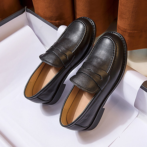 

Women's Loafers & Slip-Ons Chunky Heel Round Toe Nappa Leather Solid Colored Black Brown