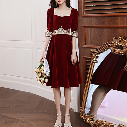 

A-Line Vintage Floral Party Wear Cocktail Party Dress Sweetheart Neckline Half Sleeve Knee Length Velvet with Embroidery Appliques 2021