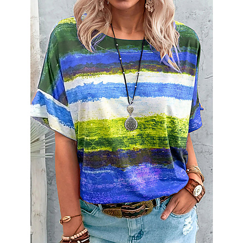 

Women's Painting T shirt Striped Color Block Tie Dye Print Round Neck Basic Tops Blue Orange Light Blue