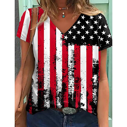 

Women's Geometric Painting T shirt Striped American Flag National Flag Print V Neck Basic Tops Red