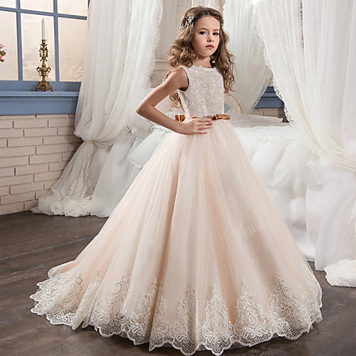 

Ball Gown Maxi Flower Girl Dresses Wedding Cotton / nylon with a hint of stretch Sleeveless Jewel Neck with Bows