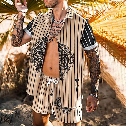 

Men's Shirt Suits Shirt Striped Card Button-Down Short Sleeve Casual Tops Casual Fashion Hawaiian Breathable Khaki