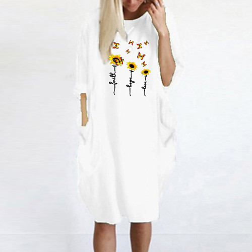 

Women's T Shirt Dress Tee Dress Knee Length Dress Blue Yellow Fuchsia Gray Green White Black Long Sleeve Floral Butterfly Spring Summer Round Neck Casual Oversized 2021 S M L XL XXL 3XL 4XL 5XL