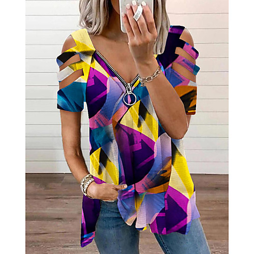 

Women's Geometric Blouse Shirt Galaxy Graphic Geometric Long Sleeve Cut Out Zipper Print V Neck Basic Streetwear Tops Blue Purple Gray