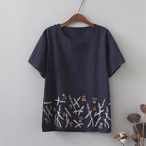 

Women's Plus Size Tops Blouse Shirt Floral Short Sleeve Round Neck Navy Yellow Red Wine Big Size L XL XXL XXXL 4XL