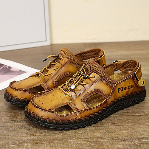

Men's Sandals Crochet Leather Shoes Flat Sandals Sporty Casual Roman Shoes Daily Outdoor Nappa Leather Cowhide Breathable Handmade Non-slipping Booties / Ankle Boots Black Brown Fall Summer