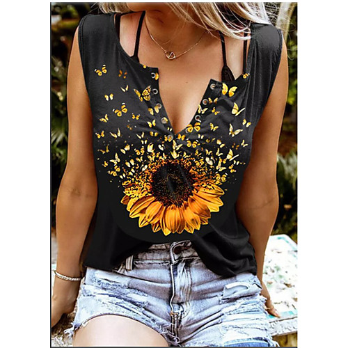 

Women's Floral Theme Butterfly Tank Top Floral Butterfly Sunflower Print V Neck Basic Streetwear Tops Black