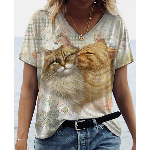 

Women's Cat Painting T shirt Cat Animal Print V Neck Basic Tops Yellow