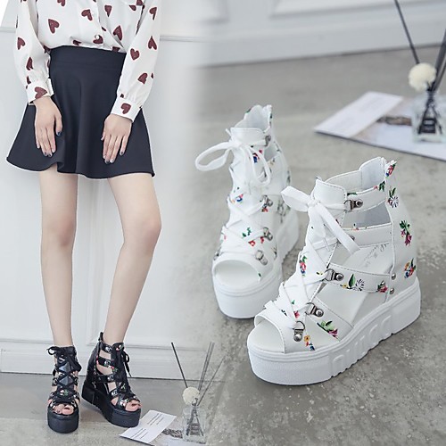 

Women's Sandals Platform Sandals Gladiator Sandals Roman Sandals Wedge Heel Peep Toe PU Floral Solid Colored White Black