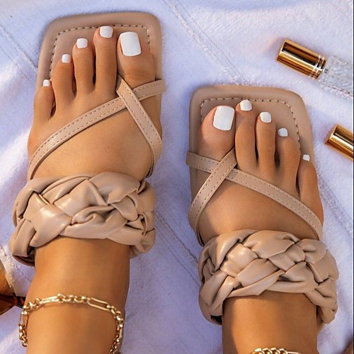 

Women's Sandals Outdoor Slippers Flat Heel Round Toe PU Solid Colored Almond White Black