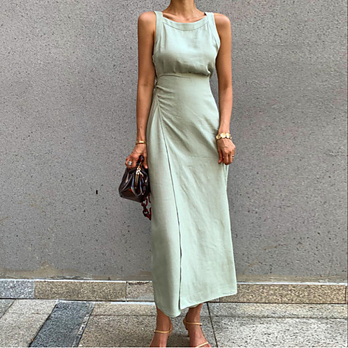 

Women's A Line Dress Maxi long Dress Green Sleeveless Solid Color Spring Summer Casual 2021 One-Size