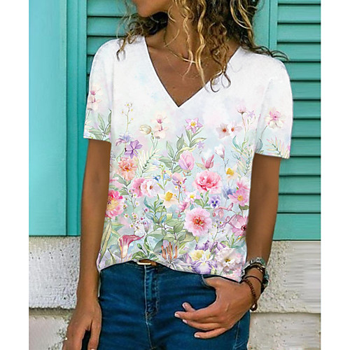 

Women's Floral Theme Painting T shirt Floral Graphic Print V Neck Basic Tops White