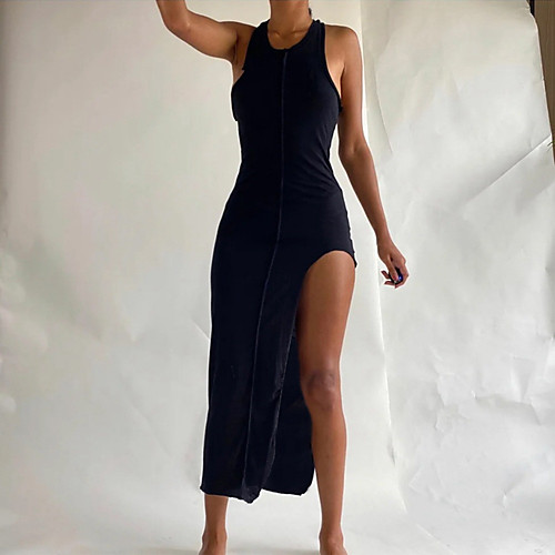 

Women's A Line Dress Midi Dress Khaki Black Sleeveless Solid Color Split Patchwork Spring Summer Round Neck Casual Sexy Holiday 2021 S M L