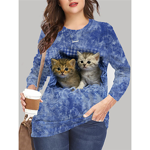 

Women's Plus Size Tops Pullover Sweatshirt Cat Graphic Animal Print Long Sleeve Crewneck Basic Fall Summer Blue Purple Big Size XL XXL 3XL 4XL 5XL