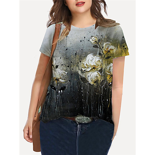 

Women's Plus Size Tops T shirt Floral Color Gradient Graphic Print Short Sleeve Crewneck Basic Summer Yellow Black Big Size XL XXL 3XL 4XL 5XL