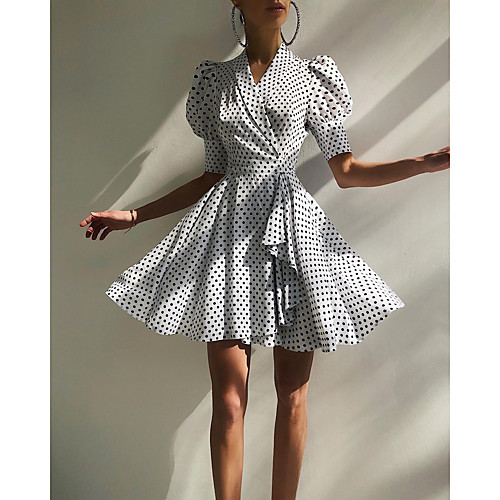 

A-Line Vintage Sexy Party Wear Prom Dress V Neck Half Sleeve Short / Mini Spandex with Sash / Ribbon Polka Dot 2021