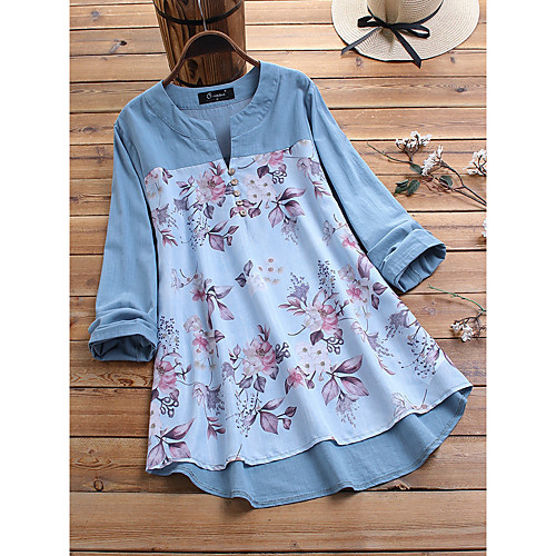 

Women's Plus Size Tops Shirt Print Long Sleeve V Neck Light Blue Blushing Pink Big Size L XL 2XL 3XL 4XL