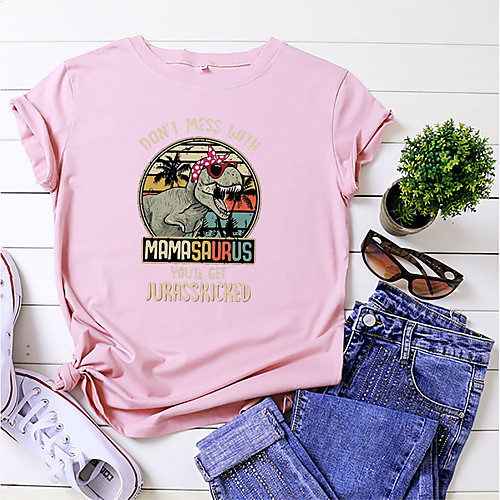 

Women's Holiday T shirt Text Print Round Neck Basic Tops Cotton White Blue Red