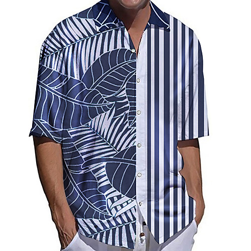 

Men's Shirt 3D Print Striped Leaves Plus Size 3D Print Button-Down Short Sleeve Casual Tops Casual Fashion Breathable Comfortable Blue / Sports