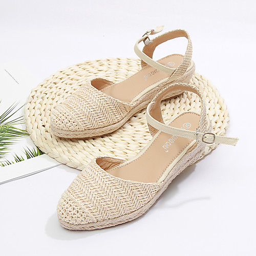 

Women's Sandals Wedge Sandals Espadrilles Wedge Heel Pointed Toe Wedding Pumps Linen Elastic Fabric Ribbon Tie Solid Colored Braided Almond