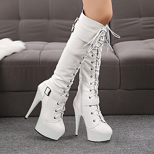 

Women's Boots Lolita High Heel Round Toe Knee High Boots PU Lace-up Solid Colored White Black
