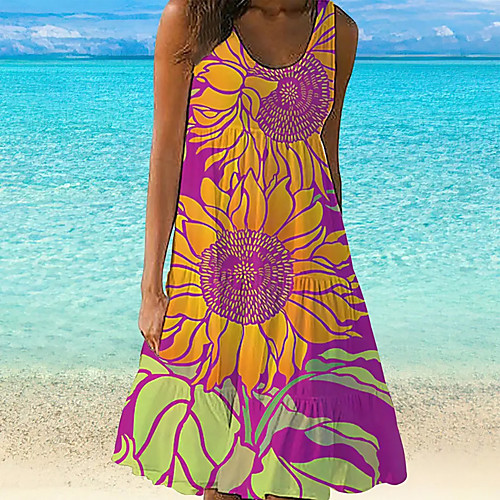 

Women's A Line Dress Knee Length Dress Blue Purple Yellow Blushing Pink Fuchsia Green Orange Sleeveless Pattern Summer Casual 2021 S M L XL XXL / Cotton / Cotton