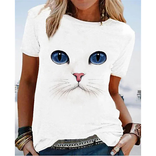 

Women's 3D Cat T shirt Cat Round Neck Basic Tops White