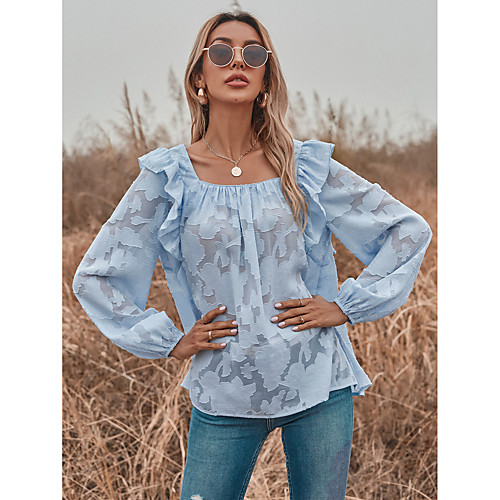 

LITB Basic Women's Tansparent Ruffle Sleeve Shirt Solid Color Top Hollow Out Outwear