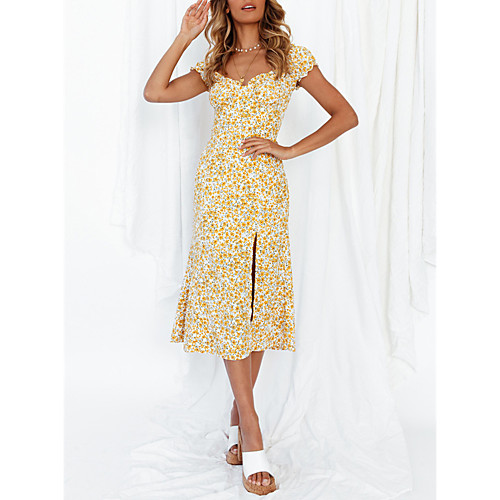 

Women's Swing Dress Midi Dress Yellow Short Sleeve Print Spring Summer Casual 2021 S M L XL