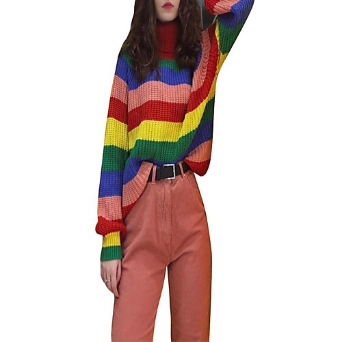 

Women's Multi Color Sweater Long Sleeve Sweater Cardigans High Neck Stripes
