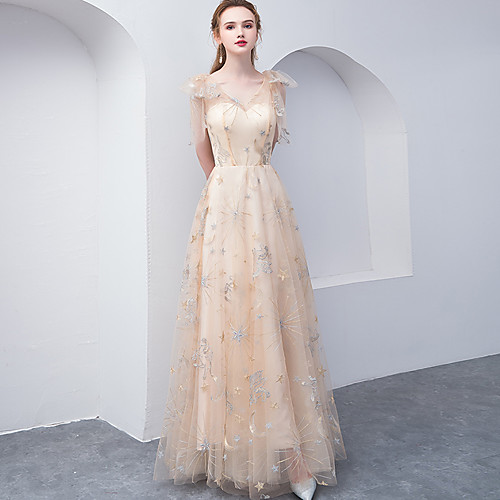 

A-Line Elegant Floral Party Wear Prom Dress V Neck Sleeveless Floor Length Lace Tulle with Bow(s) Embroidery 2021