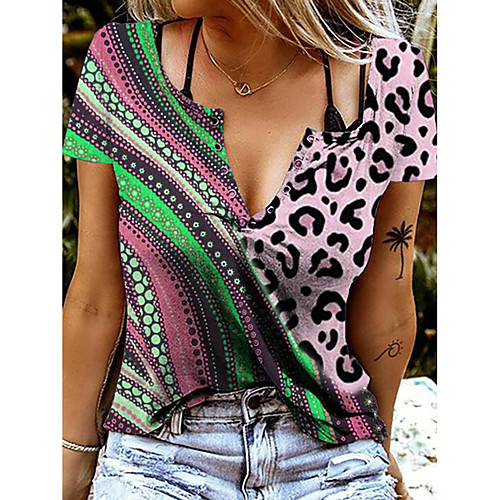 

Women's Painting T shirt Graphic Leopard Button Print V Neck Basic Tops Blushing Pink Khaki