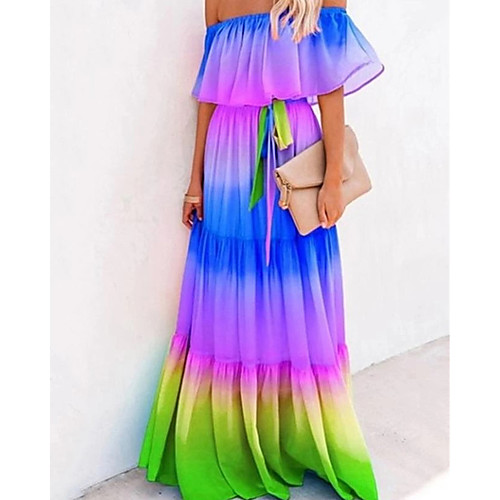 

Women's Swing Dress Maxi long Dress Blue Yellow Blushing Pink Rainbow Red Sleeveless Floral Color Gradient Summer cold shoulder Casual 2021 S M L XL XXL