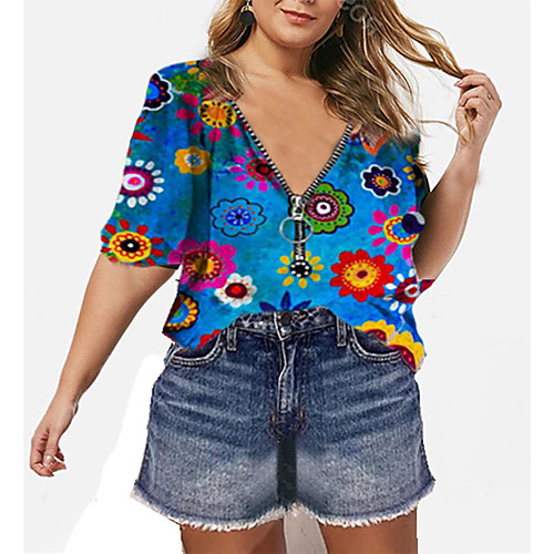 

Women's Blouse Floral V Neck Tops Blue Red