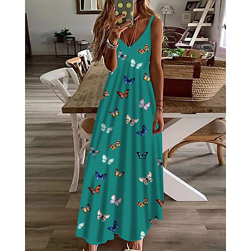 

Women's A Line Dress Maxi long Dress Green Sleeveless Butterfly Animal Print Spring Summer V Neck Casual Holiday 2021 S M L XL XXL 3XL