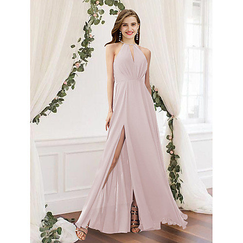 

A-Line Minimalist Elegant Prom Formal Evening Dress Jewel Neck Sleeveless Floor Length Chiffon with Pleats Split 2021
