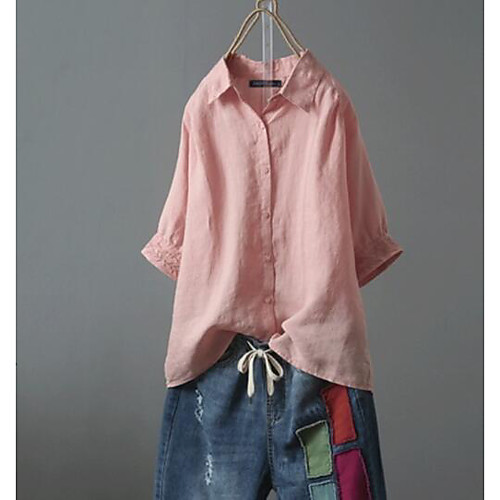 

Women's Plus Size Tops Blouse Shirt Plain Button Half Sleeve Shirt Collar Spring Summer Blue Yellow Blushing Pink Big Size L XL 2XL 3XL 4XL