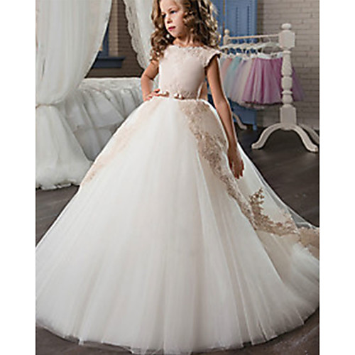

A-Line Court Train Flower Girl Dresses Wedding Satin Short Sleeve Jewel Neck with Appliques