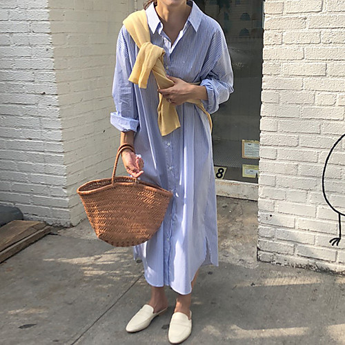 

Women's Shift Dress Maxi long Dress Red bar Blue bar Long Sleeve Stripes Spring Summer Casual 2021 S M L XL / Cotton / Cotton