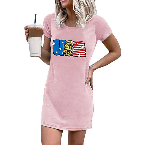 

2021 amazon new base coat, independence day usa personality letters, round neck short sleeve mini dress women