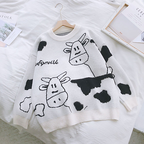 

Women's Cartoon Sweater Long Sleeve Sweater Cardigans Round Neck Creamy-white Blue Black