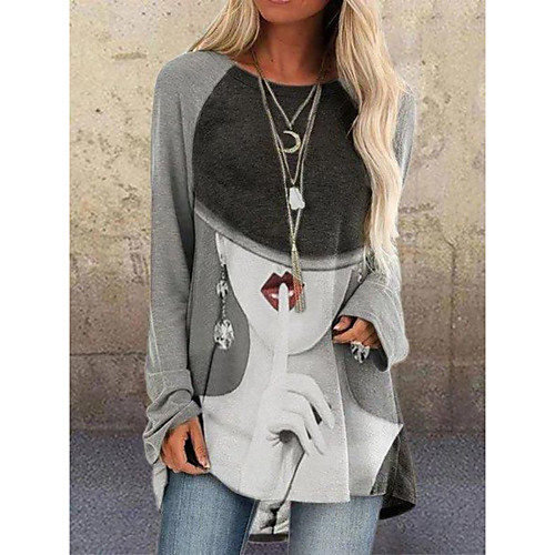 

Women's Abstract Portrait T shirt Portrait Long Sleeve Print Round Neck Basic Tops White Brown Gray