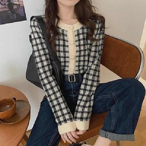 

Women's Plaid / Check Cardigan Long Sleeve Sweater Cardigans U Neck Blue Yellow Blushing Pink