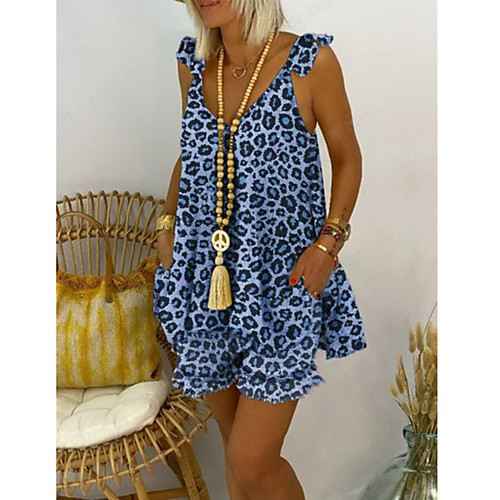 

Women's Basic Streetwear Leopard Vacation Home Two Piece Set Tank Top Tracksuit Loungewear Shorts Jogger Pants Ruffle Print Tops